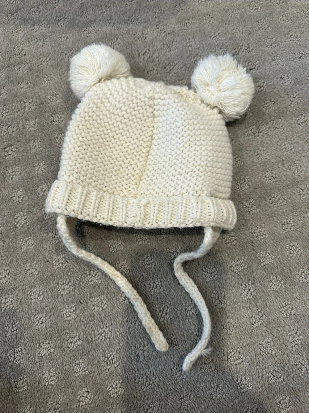 Baby Knit Winter Hat White Double Pom Pom Earflap Beanie 0-6 Months Infant